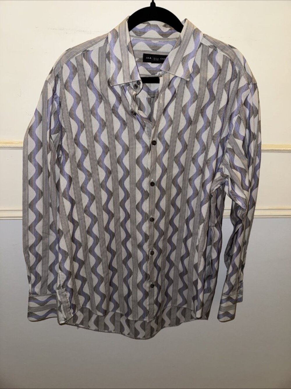 VTG JHANE BARNES Button Up Shirt L Squiggle Geometric Print Long Sleeve Cotton
